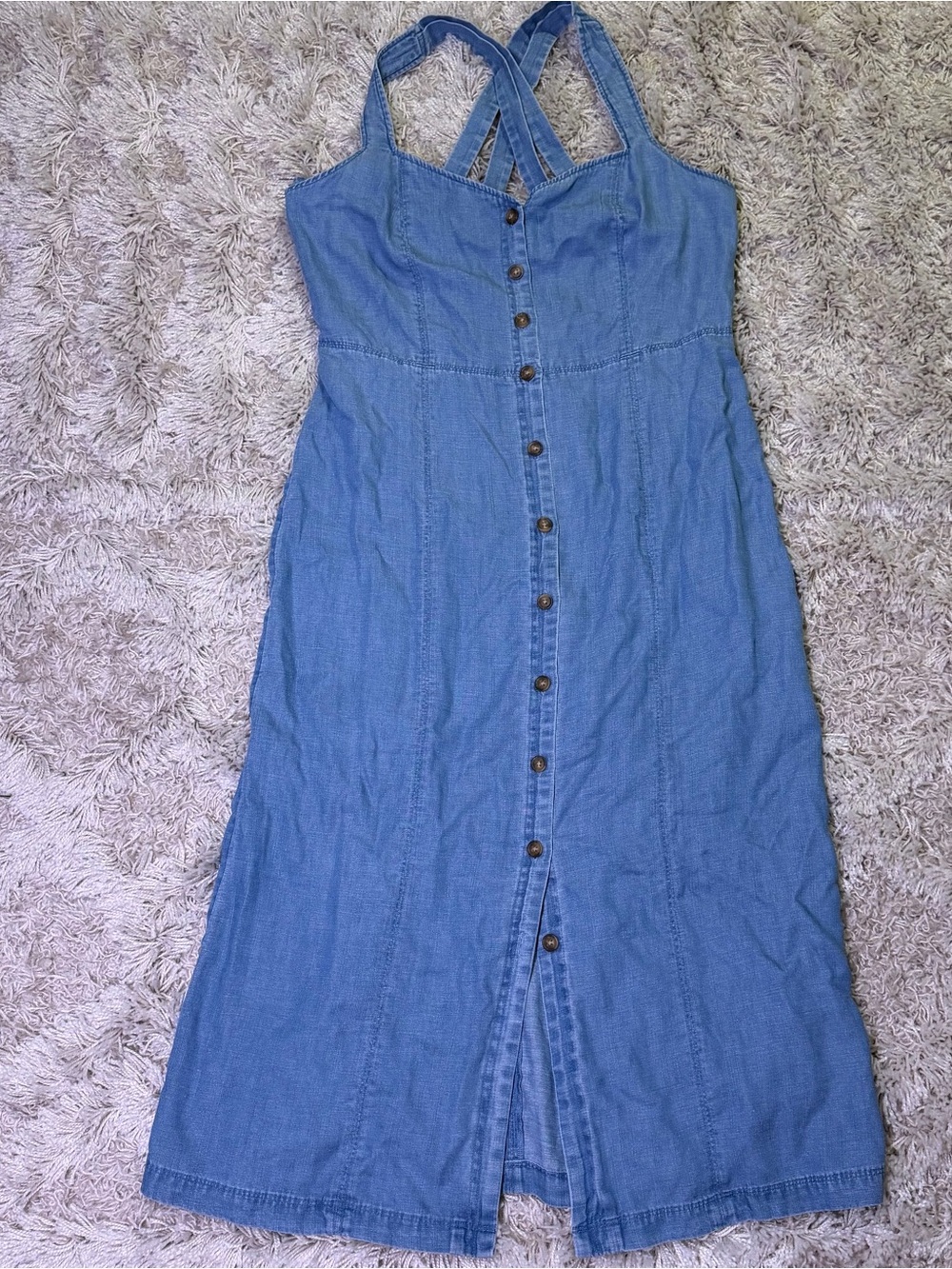 LOFT Chambray Crossover Back Button Front Midi Dress Size 10 Lyocell Linen